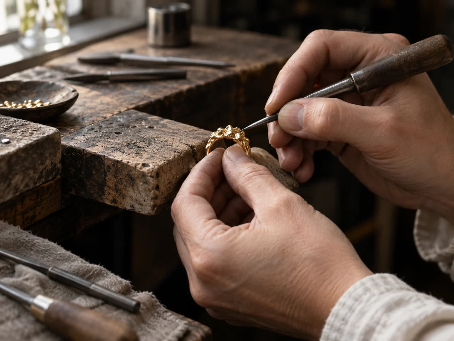 Concept editorial of an artisan shaping a piece of gold-tone jewelry by hand